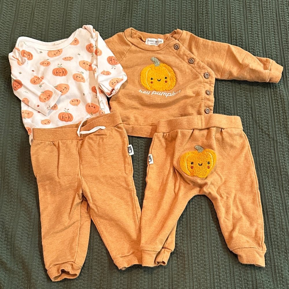 Rabbit + Bear Organic Pumpkin Baby Outfit Sets, 3-6m